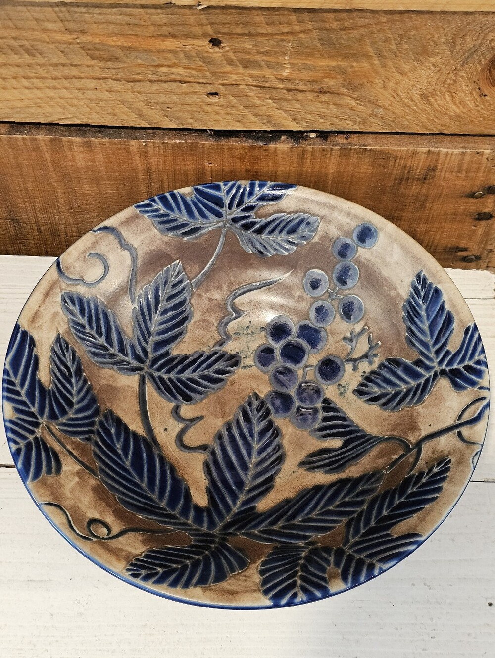 Vintage 70's Kotobuki 10" Stoneware Serving Bowl Grape Pattern Cobalt Blue